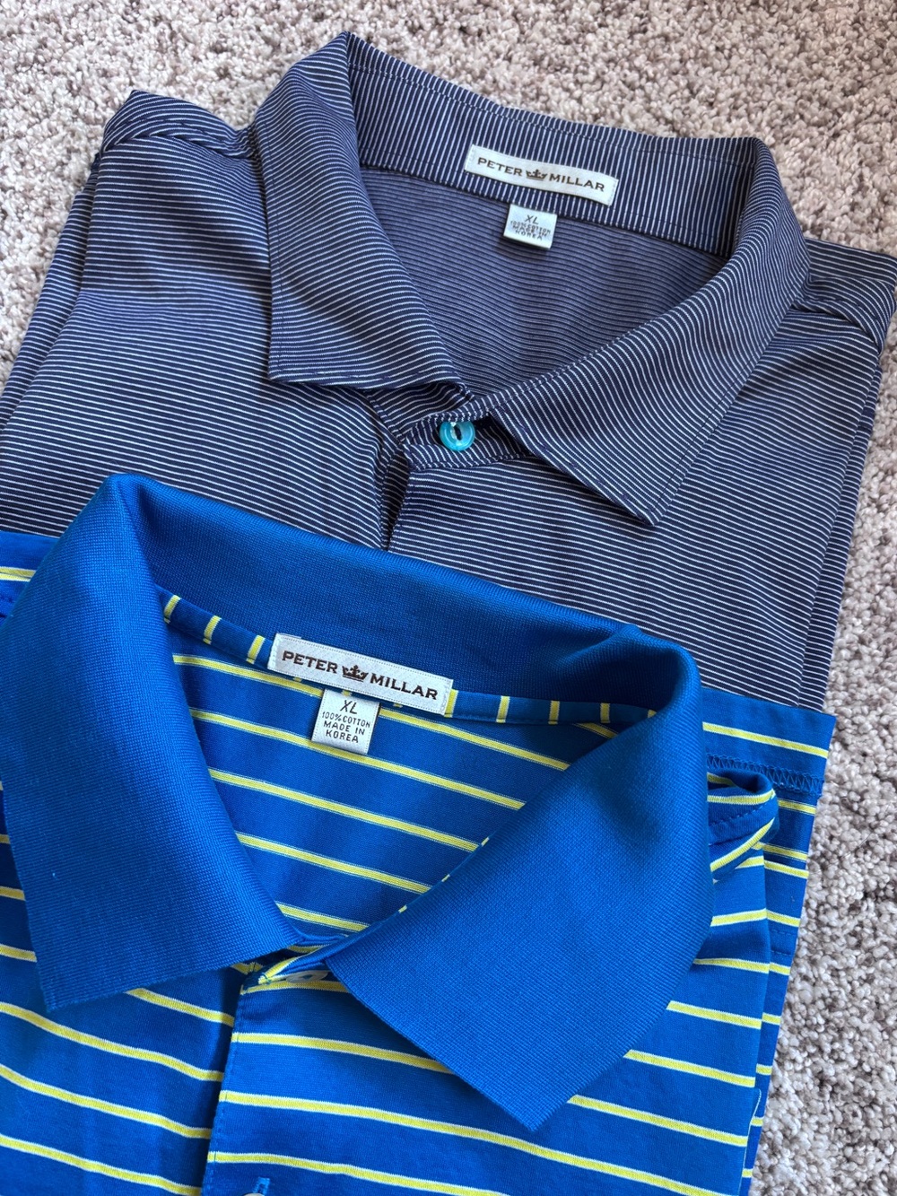 Lot of 2 Peter Millar Polo Shirts Blue Striped  100% Cotton Golf Men’s Size XL